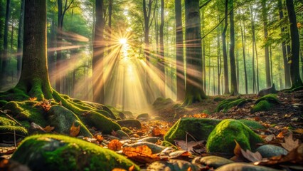 Wall Mural - Golden sunlight streams through a mystical forest, illuminating mossy rocks and fallen leaves along a tranquil stream.