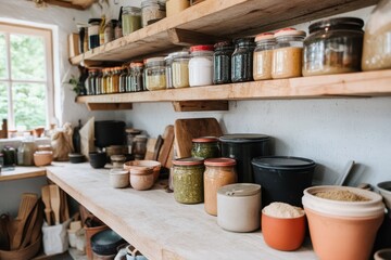 Wall Mural - Cozy Nordic Kitchen Shelf Displaying Jars, Bowls, and Ingredients in Natural Wooden Decor With a Charming Rustic Aesthetic