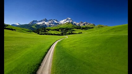 Wall Mural - Mountain Road to Serenity: A winding dirt road cuts through vibrant green meadows, leading towards a majestic snow-capped mountain range under a brilliant blue sky.