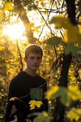 Wall Mural - Golden Hour Teen Boy in Autumn Woods