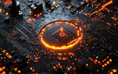 Poster - Closeup of a processor and microchip embedded in an electronic circuit board, advanced technology, generative AI concept, digital electronic background