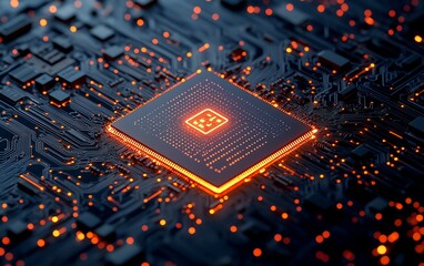 Poster - Closeup of a processor and microchip embedded in an electronic circuit board, advanced technology, generative AI concept, digital electronic background