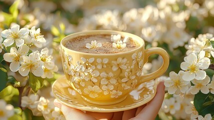 Sticker - Cup with coffee and white blossoms.