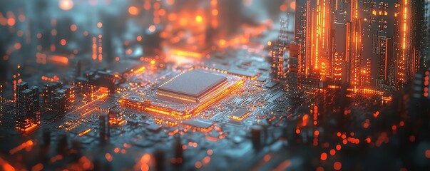 Leinwandbilder - Detailed microchip and CPU on an intricate circuit board, showcasing advanced computing technology, generative AI, electronic circuit connections and tech design