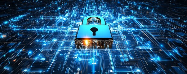 Leinwandbilder - Cyber security digital padlock on dark blue, protecting privacy and data, fraud prevention, network security technology, futuristic encryption and safety