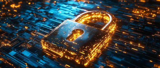 Leinwandbilder - Digital padlock surrounded by data streams on dark blue background, cyber security concept for protecting privacy, fraud prevention, and data encryption