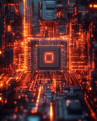 Poster - Futuristic CPU and microchip embedded in an electronic circuit board, glowing connections, advanced technology conceptual background, generative AI innovation