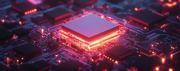 Leinwandbilder - Futuristic microchip and CPU glowing on an electronic circuit board, representing advanced computing and generative AI, modern technology visualization