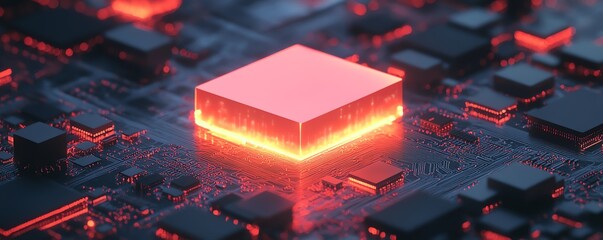Poster - Futuristic microchip and CPU glowing on an electronic circuit board, representing advanced computing and generative AI, modern technology visualization