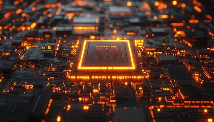 Leinwandbilder - Highresolution view of a microchip, CPU, and electronic circuit board, data connections glowing, representing generative AI and advanced technology