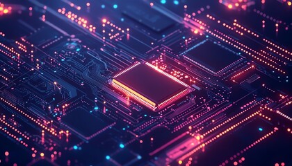 Leinwandbilder - Hightech microchip and computing processor, electronic circuit board glowing with data flow, advanced technology and generative AI theme, digital future