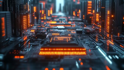 Leinwandbilder - Hightech microchip and computing processor, electronic circuit board glowing with data flow, advanced technology and generative AI theme, digital future