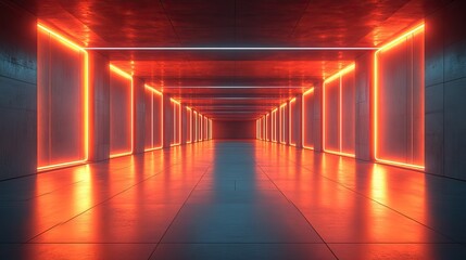 An abstract geometric neon background showcases an empty room, featuring glowing wall panels resembling a modern corridor