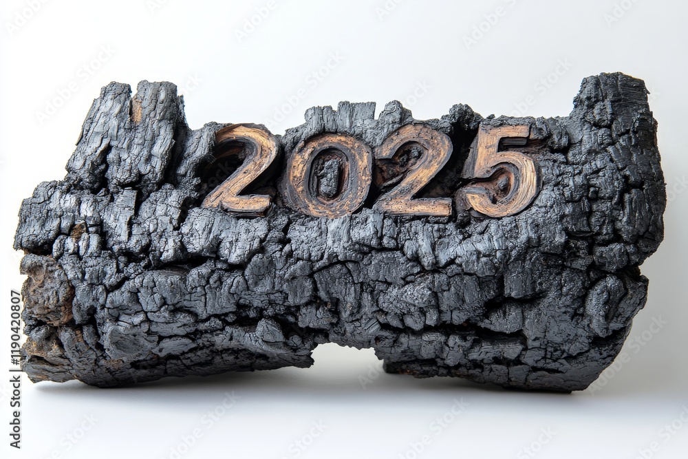 2025 Log Charred Log 2025 - Charred wood log with the numbers 2025 carved into ...