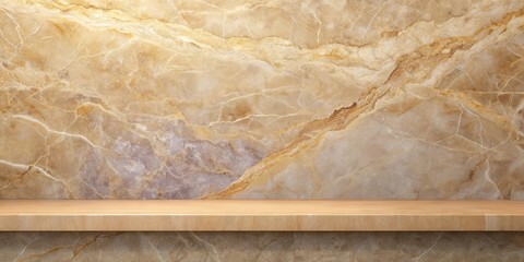 Wall Mural - Empty light wooden shelf against a beige marble background, perfect for product display