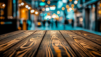 Poster - Dark brown wooden table top with blurred street background at an outdoor shopping center. Bokeh effect creates a soft focus, emphasizing the texture of the wood and offering ample space for text, idea