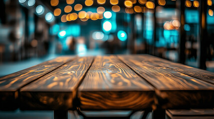 Poster - Dark brown wooden table top with blurred street background at an outdoor shopping center. Bokeh effect creates a soft focus, emphasizing the texture of the wood and offering ample space for text, idea