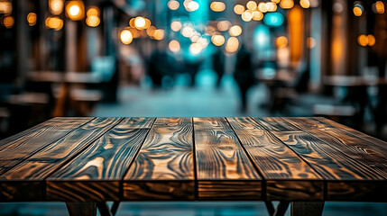 Aufkleber - Dark brown wooden table top with blurred street background at an outdoor shopping center. Bokeh effect creates a soft focus, emphasizing the texture of the wood and offering ample space for text, idea