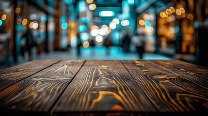 Aufkleber - Dark brown wooden table top with blurred street background at an outdoor shopping center. Bokeh effect creates a soft focus, emphasizing the texture of the wood and offering ample space for text, idea