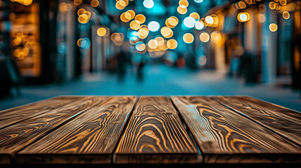 Aufkleber - Dark brown wooden table top with blurred street background at an outdoor shopping center. Bokeh effect creates a soft focus, emphasizing the texture of the wood and offering ample space for text, idea