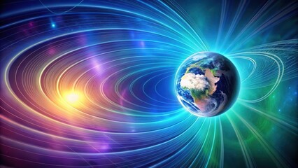 a vibrant celestial display featuring earth orbiting within a radiant energy field