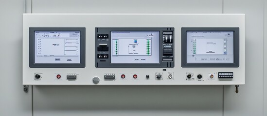 Industrial control panel with three displays showing process data, buttons, and knobs.
