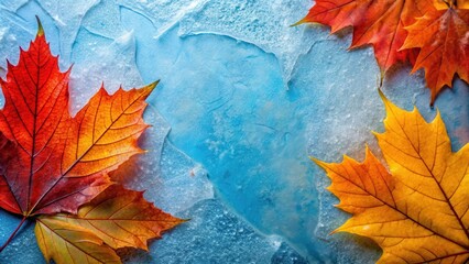 Wall Mural - Autumn Leaves Frozen in Time on a Cool Blue Background