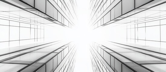 Abstract grayscale image of converging glass building structures creating a vanishing point effect.