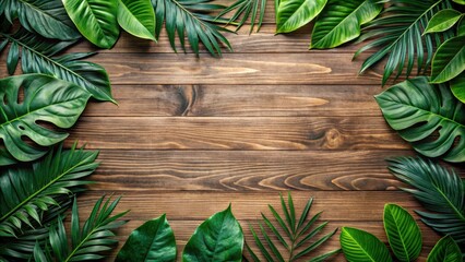 Wall Mural - Lush Tropical Foliage Arranged on a Rustic Wooden Background, Ideal for Nature-Themed Designs and Projects