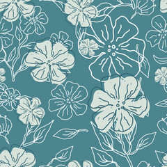 Wall Mural - Hand drawn seamless pattern of delicate flowers and intricate lines on a teal backdrop. vector illustration