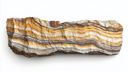 Sticker - Striated sedimentary rock sample isolated on white background, showing layers of yellow, brown, grey and white minerals.