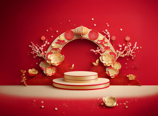 Wall Mural - Elegant podium with gold and red blossoms, lanterns, and branches against a rich red backdrop.  A festive, celebratory scene, ideal for product display or holiday greetings.