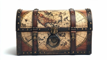 Antique wooden chest with world map design, metal accents, and leather straps.