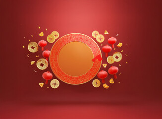 Wall Mural - A festive Chinese New Year design featuring a circular golden plate adorned with red accents, surrounded by floating red lanterns and gold ingots against a rich red backdrop.  Celebration, prosperity,