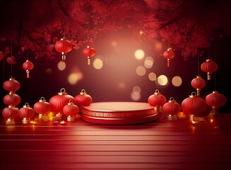 Wall Mural - A red cylindrical platform sits amidst glowing red lanterns and bokeh lights under stylized red branches, creating a festive and celebratory scene perfect for product display or holiday greetings.