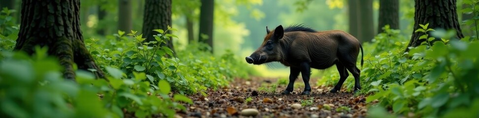 Wall Mural - Solitary wild boar rooting in lush forest undergrowth, movement, roots