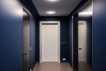 Wall Mural - Apartment corridor with blue walls, white door, and soft ambient lighting.