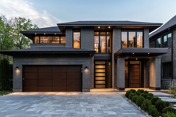 Wall Mural - Modern home with brown doors, gray brick, and smooth driveway.