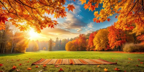 Wall Mural - Serene autumn landscape with sunlit meadow and blanket