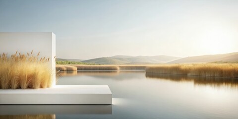 Sticker - Serene Lakeside Minimalist Display Platform with Golden Grass