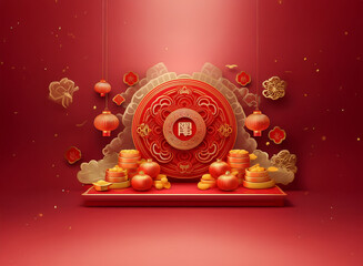 Wall Mural - A vibrant Chinese New Year scene.  Red lanterns, gold coins, and intricate designs celebrate prosperity and good fortune.  A circular emblem is the centerpiece.