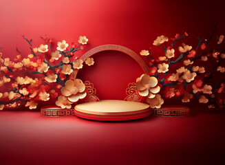 Wall Mural - Elegant red and gold podium adorned with blossoming plum branches, perfect for festive displays.  A symbol of prosperity and new beginnings.