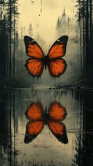 Wall Mural - Orange butterfly reflected in calm forest lake water.