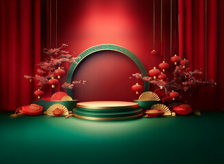 Wall Mural - Elegant 3D rendering of a festive stage with red and green accents.  Circular frame, ornate decorations, and hanging lanterns create a luxurious atmosphere perfect for celebration or product display.