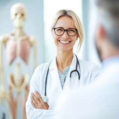 A physiotherapist discussing sarcopenia treatment plans with anatomical visuals in the background.