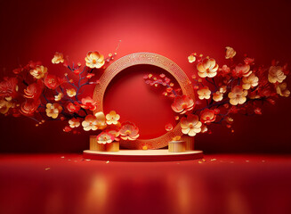 Wall Mural - Elegant festive scene. Red background, gold circle frame, delicate paper flowers, creating a luxurious and celebratory mood.  Perfect for holiday display.