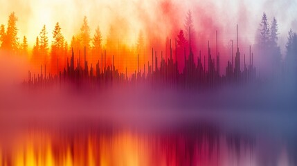 Wall Mural - Forest with fog at colorful sunrise.