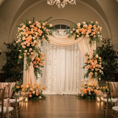 Elegant wedding ceremony backdrop, ornate floral arch, crystal chandelier, peach and white roses, greenery garlands, romantic lighting, luxurious indoor venue, draped curtains, symmetrical floral arra