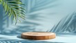 © Mariquita vector - Wooden podium on blue wall background with palm branch, shadows of palm leaves and empty place for product display presentation, advertising text, mock up. Abstract platform, stage, stand