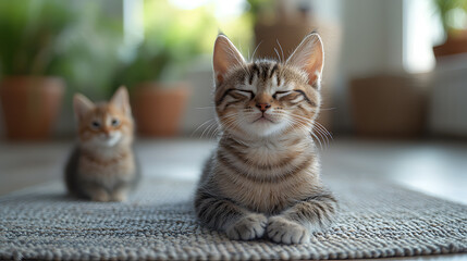 A cute cat is sitting and sleeping peacefully in the room.